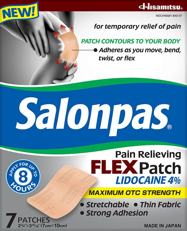 سالون باس رقعة مرنة لتخفيف الألم المؤقت من Salonpas مع يدوكائين 4%، أقصى قوة OTC، نسيج رقيق قابل للتمدد، التصاق قوي، ملامح الجسم، تنطبق لمدة تصل إلى 8 ساعات 7 قيراط (عبوة من قطعتين) - Image 2